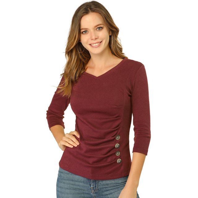 INSPIRE CHIC Women's Button Decor V Neck 3/4 Sleeve Solid Blouse Knitted Ruched Top
