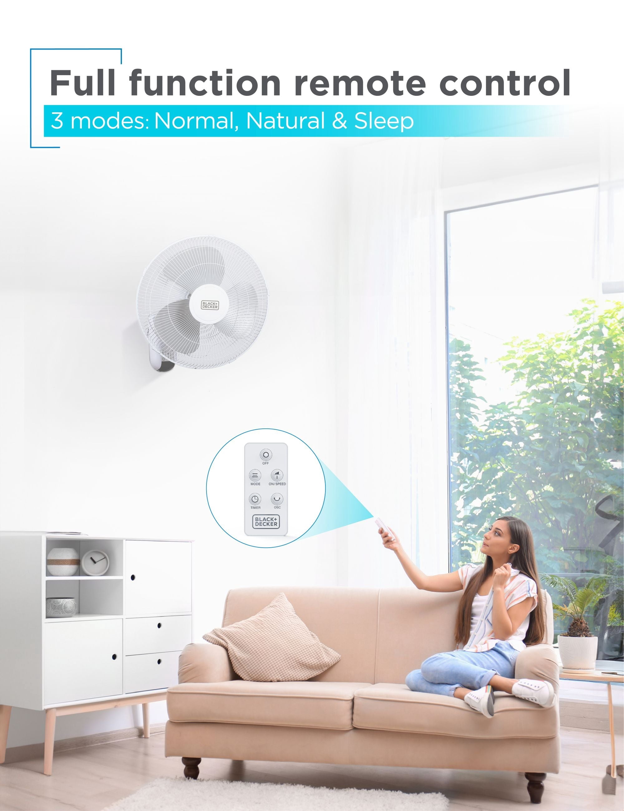 Ventilateur mural BLACK+DECKER 16 po avec télécommande, ventilateur oscillant à 3 vitesses et minuterie d'arrêt automatique