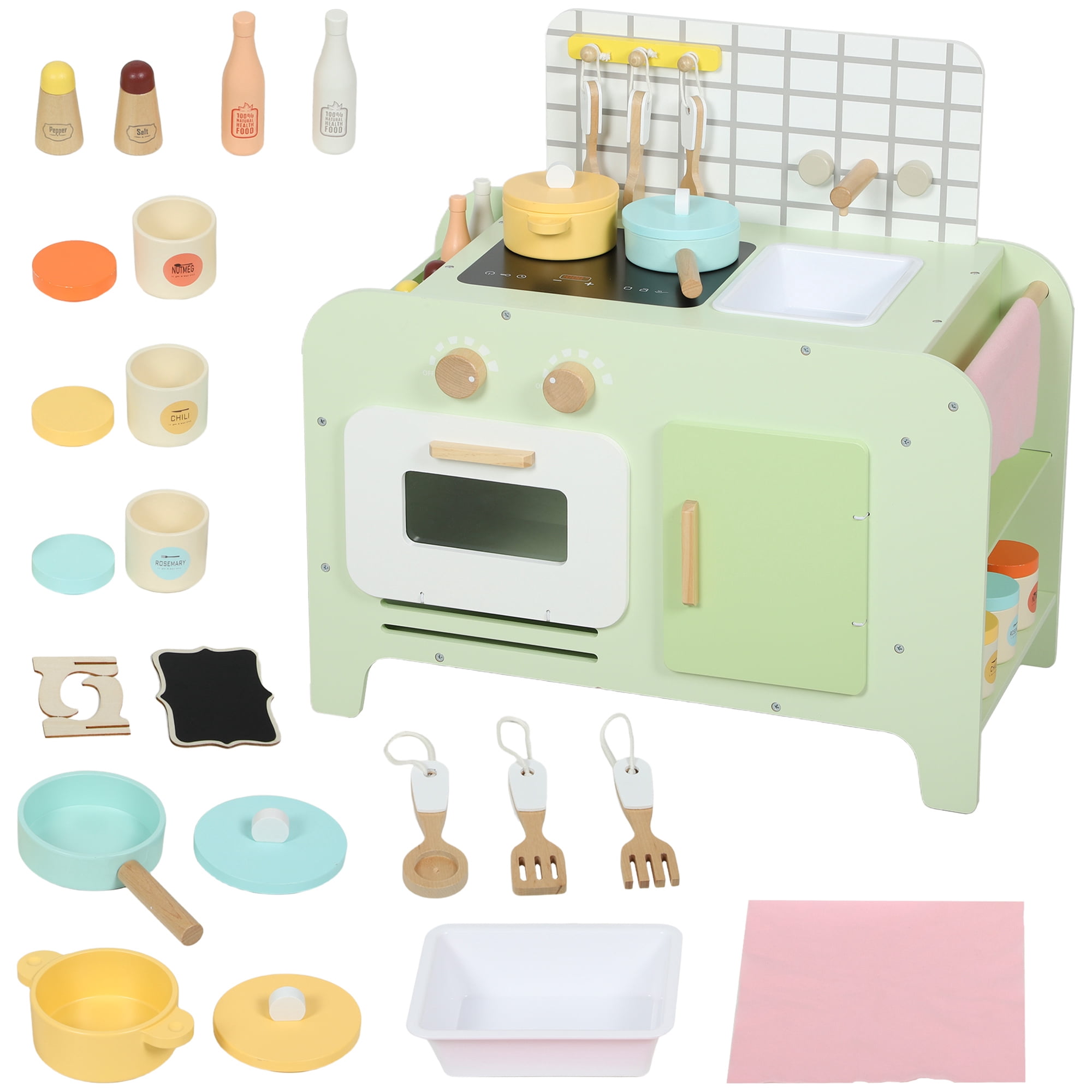 Qaba Kids Kitchen Playset, Play Kitchen with 15 Accessories, Green