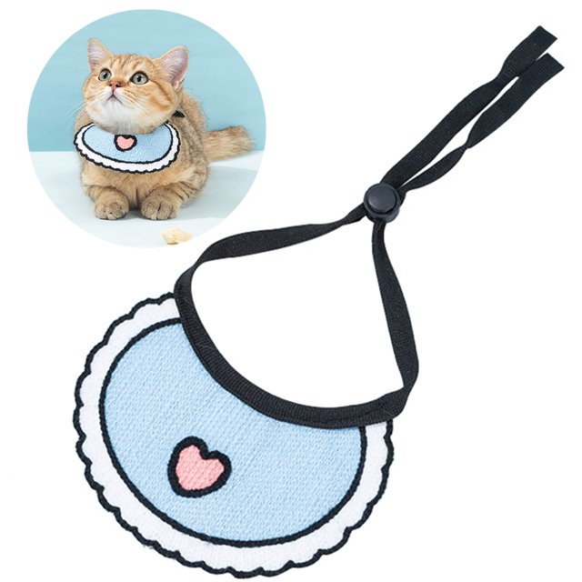 Heart Pet Bib Knit Reusable Adjustable Cat Bandana Puppy Neckerchief Dog Bib in multicolor, made of durable terylene. The bib features a cute heart design on a blue background with scalloped edges, measuring 14 x 10.5 cm (5.5 x 4.1 in). It includes adjustable black straps for a secure fit, suitable for cats or small dogs. The bib is designed to protect pets from drooling and dirt while adding a fashionable touch.