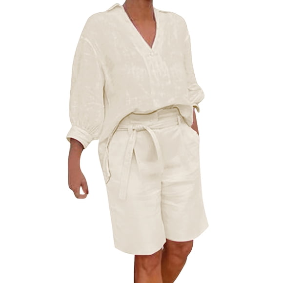 Ketyyh-chn99 Two Piece Short Set Gym Shorts for Women Outfits Women Fashion Summer Loose Casual T-shirt Shorts Pants Set Beige,M