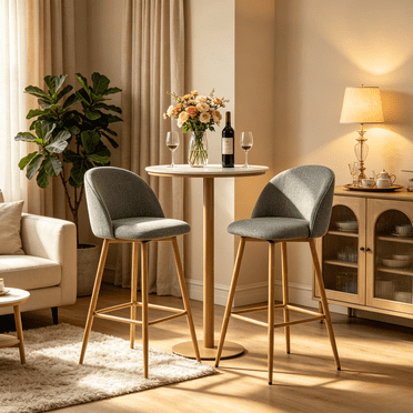Homy Casa Gray Upholstered Counter Height Bar Stools Set of 2 with 360° Swivel, Wood-Look Steel Legs and Footrest