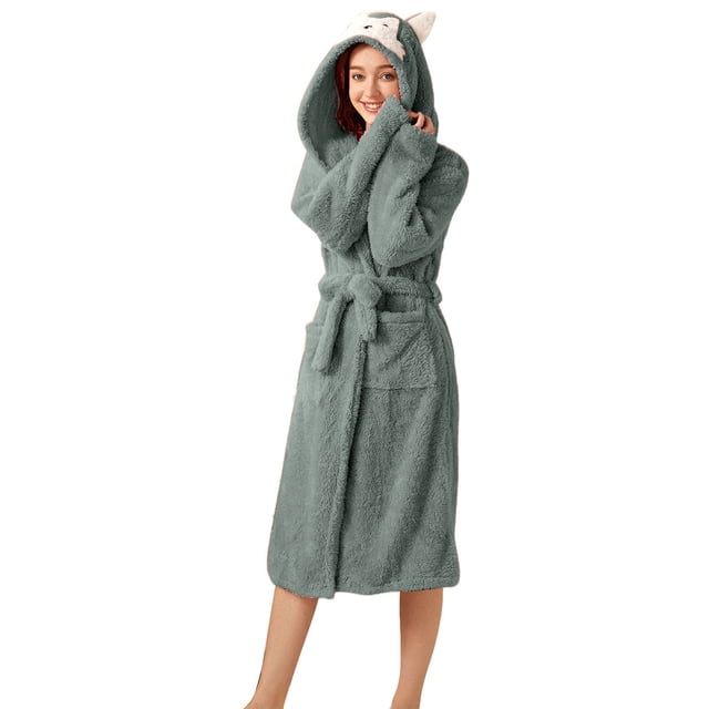Teissuly Peignoirs pour Femmes Mode Allongé Garder au Chaud Col à Revers Même Style Pyjama à Capuche Uni Manches Longues Nuisette