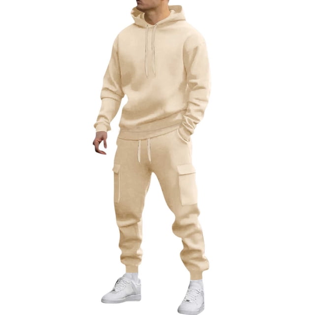 Mens Long Sleeve, Tracksuit with Hooded Pullover and Elastic Waist