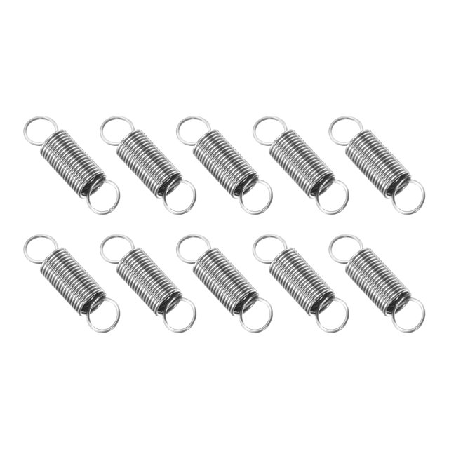 Uxcell Extension Spring, 10pcs with a wire diameter of 0.02 inches, outer diameter of 0.16 inches, and free length of 0.6 inches. Made of 304 stainless steel in a silver finish, these springs feature a double hook design for secure attachment. Suitable for applications in furniture, appliances, gates, and repair projects. The springs are corrosion-resistant, wear-resistant, and heat-resistant, ensuring durability and elasticity for long-term use.