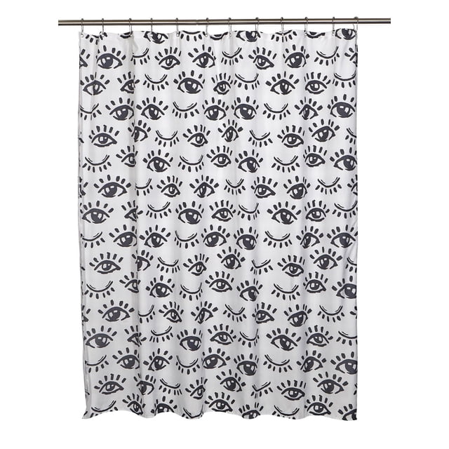 MODA WINKING EYE SHOWER CURTAIN 71" x 71" made of white microfiber fabric with a repeating black pattern of winking and open eyes, machine washable and designed to add contemporary style to bathroom accessories, requires a liner.