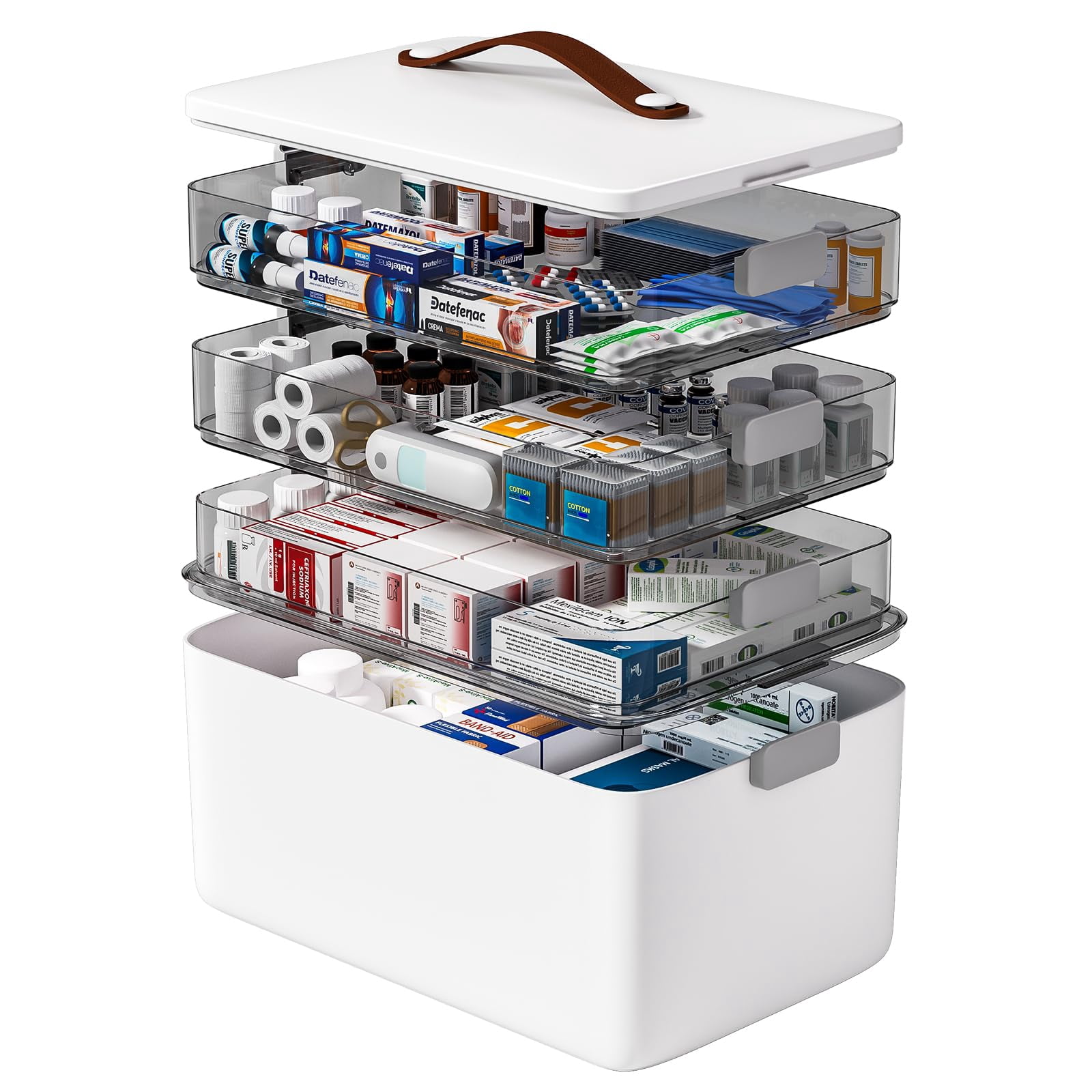 funest 4-Tier Medicine Storage Box Cabinet, Empty First Aid Kit Portable Medical Supply Organizer with Leather Handle for Home