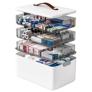 funest 4-Tier Medicine Storage Box Cabinet, Empty First Aid Kit Portable Medical Supply Organizer with Leather Handle for Home