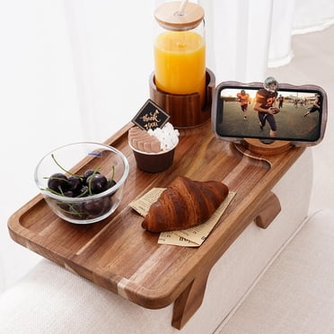 Couch Arm Tray in Large .;x.; Acacia Wood Sofa Tray Table Clip on Side Table Foldable Couch Armrest Table with 掳Rotated Phone/Cup Holder for Eating Drinks Snacks