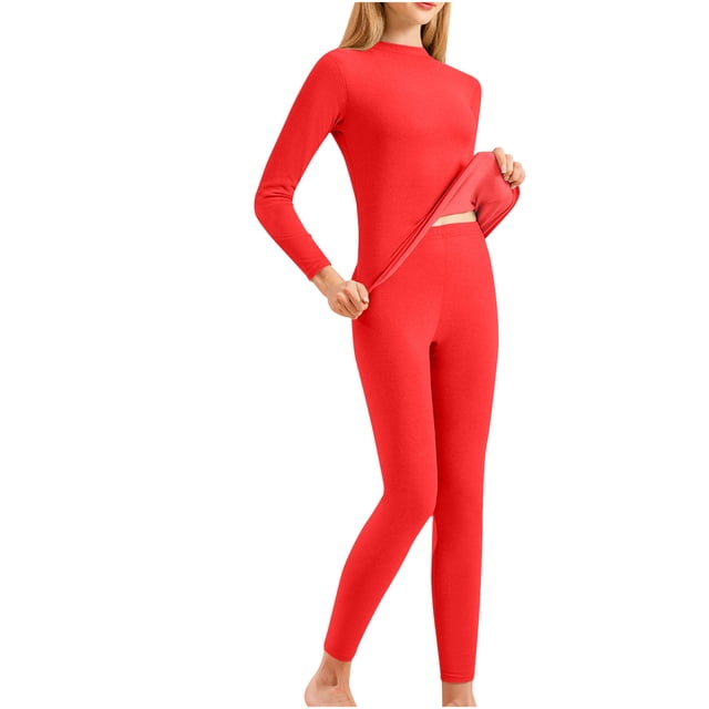 yoeyez sous-Vêtements Thermiques pour Femmes, Couche de Base Col Rond Manches Longues Thermiques Ensemble de Pyjama Doublé en Molleton Haut Bas pour Temps Froid Hiver Ou Printemps Rouge, TG