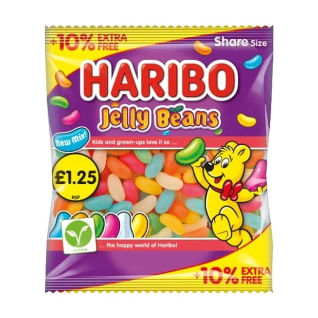 Haribo Jelly Beans (UK) 154g in a vibrant purple and yellow share-size package with a clear window displaying colorful jelly beans in six flavors: passion fruit, raspberry, grapefruit, lemon-mint, green apple, and peach. The packaging features the Haribo bear mascot and a vegan label.