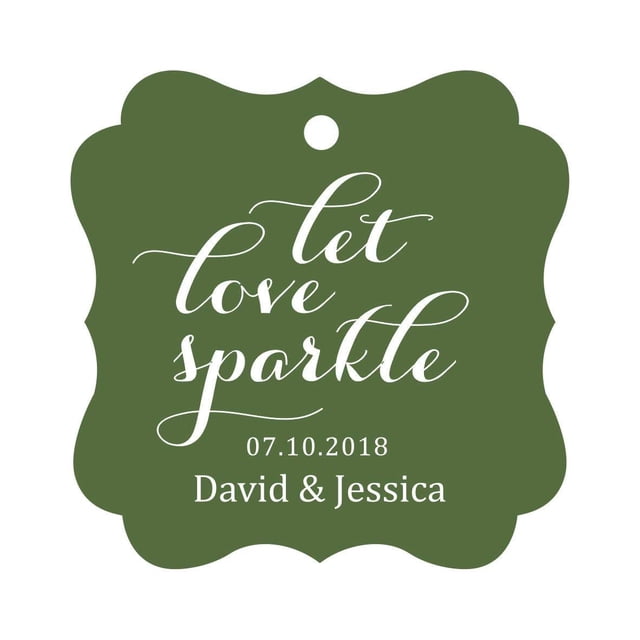 Darling Souvenir Custom Let Love Sparkle Wedding Hang Tags Personalized Fancy Frame Paper Tags -Olive Green-50 Tags