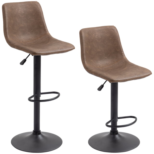 HOMCOM 2pc Adjustable Counter Height Bar Stools Kitchen Counter Stool in brown, featuring a retro-inspired design with padded PU seats and upright backs for comfort. The stools include 360° swivel functionality, adjustable height, and a sturdy powder-coated steel frame with a round base for stability. Suitable for bar counters 35-39 inches high, each stool has a weight capacity of 264 lbs. Dimensions: 16.5 inches wide, 19.25 inches deep, and adjustable height from 35.5 to 43.75 inches.