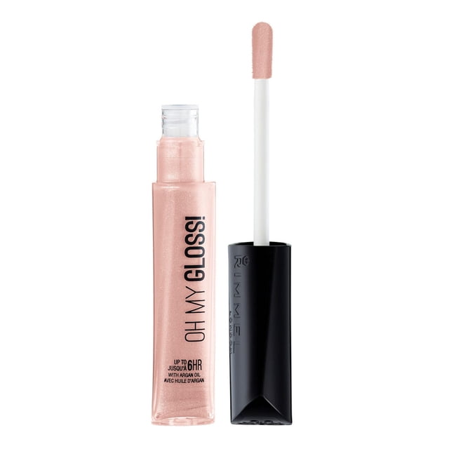 Rimmel Oh My Gloss! lip gloss in a clear rectangular tube with light pink shimmer, black branding text, and a black cap with a white lip-hugging foam wand applicator, providing up to 6 hours of high-shine wear and enriched with argan oil and vitamin E for moisturizing lips.