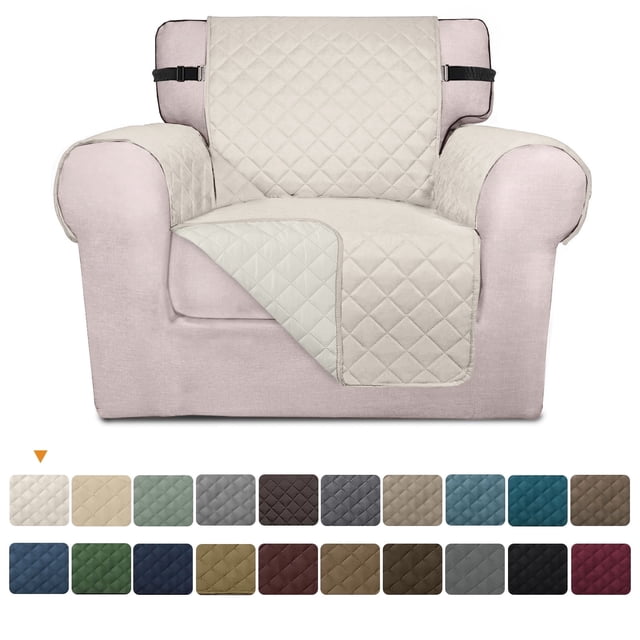Housse de sofa Réversible par Visaccy, Exposée sur un Fauteuil une Place au design Matelassé beige avec un Côté Inversé Gris Pâle. Comprend des Sangles Élastiques pour un Ajustement Sécuritaire, Tissu Résistant à l'Eau et Antidérapant. Lavable à la Machine pour un Entretien Facile. Comprend une palette de Couleurs de 14 options Indiquées sous la Chaise. Convient pour Protéger les Meubles contre les Déversements, la Fourrure d'Animaux et l'Usure.