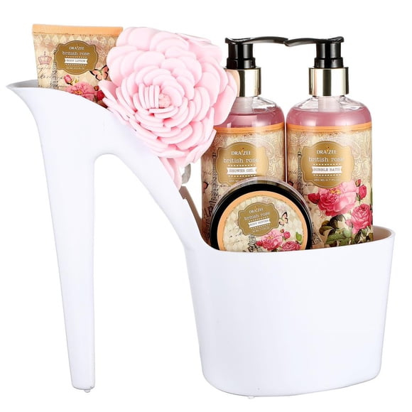 Draizee Heel Shoe Spa Gift Set – Rose Scented Bath Essentials Gift Basket With Shower Gel, Bubble Bath, Body Butter, Body Lotion & Soft EVA Bath Puff – Luxurious Home Relaxation Gifts For Women
