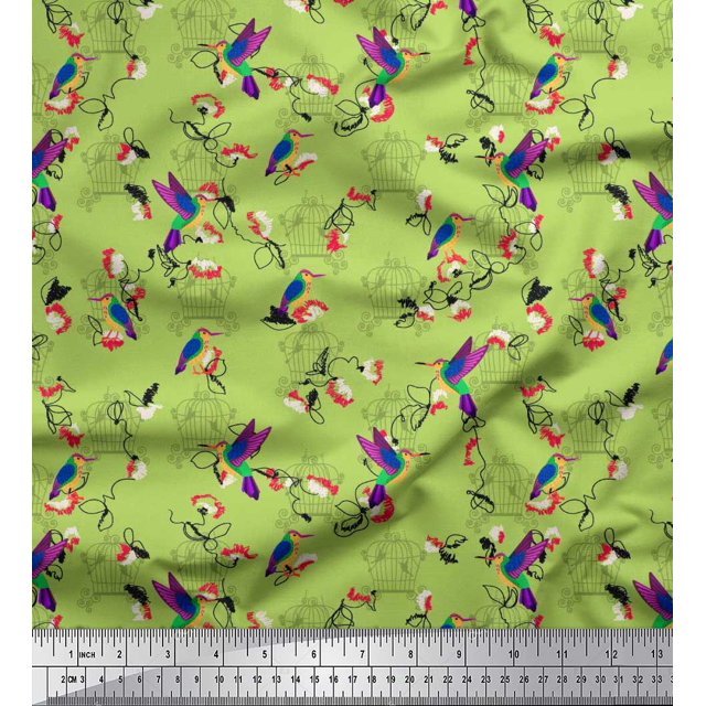 Soimoi Green Poly Georgette Fabric Cage & Humming Bird Printed Craft Fabric by the Yard 52 Inch Wide