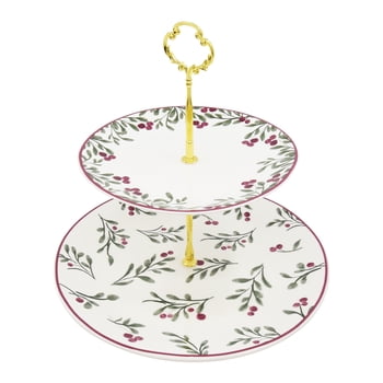Holiday Time Cranberry Spice Collection Berries Festive Party 2 Tier Platter Tray Server, Stoneware, 1 Count