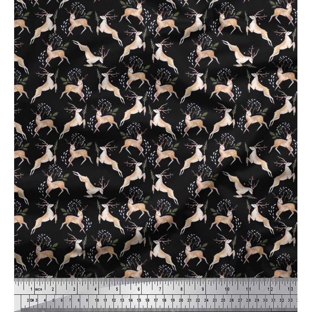 Soimoi Poly Georgette Fabric Leaves & Reindeer Animal Decor Fabric Printed Yard 52 Inch Wide