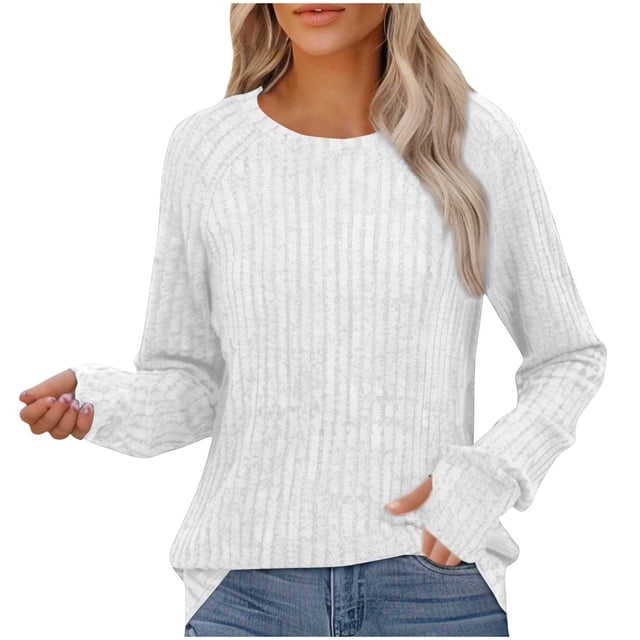 Besolor Tuniques d'Automne pour Femmes Tendance à Col Rond en Tricot à Manches Longues Chandails Décontractés Légers avec Trou pour le Pouce