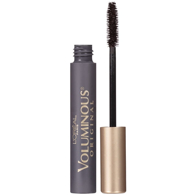 L'Oréal Paris Voluminous Original Mascara in a matte dark gray tube with gold cap, featuring a volume maximizing brush that thickens lashes up to 5X naturally without clumps or smudges, ophthalmologist-tested and suitable for sensitive eyes and contact lens wearers.
