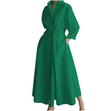 cfhntfmh Robes Décontractées pour Femmes à Manches Longues, Col à Revers, Col en V, Longue Robe Maxi avec Poches, Détente, Robe Formelle Évasée