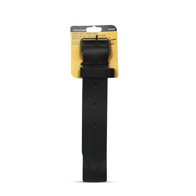 MECHTOOLS leather waist belt with heavy-duty black leather strap, antique metal roller buckle, rust-resistant rivets, and strap keeper, fits waists 30 to 47 inches, suitable for tool storage and organization in work environments.