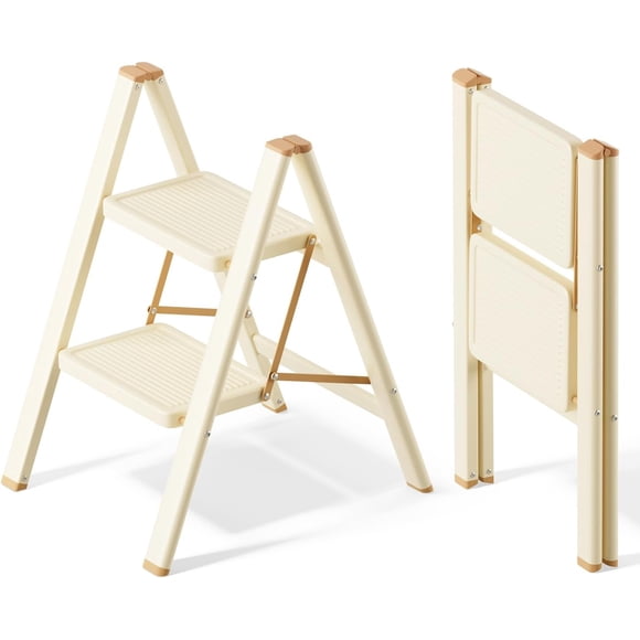 2 Step Ladder, Non-Slip Lightweight Folding Step Stool for Adults and , for Kitchen, Cupboard and Library, 300lbs (Cream Calato)