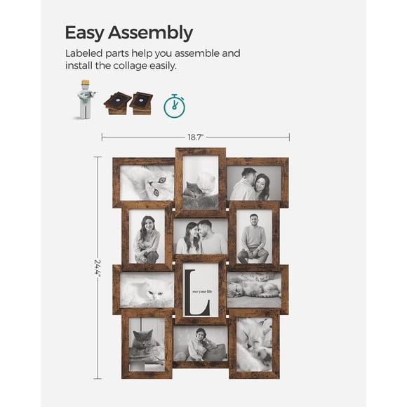 SONGMICS Collage Picture Frames, 4x6 for Wall Decor 12 Pack, Assembly Required, Rustic Brown