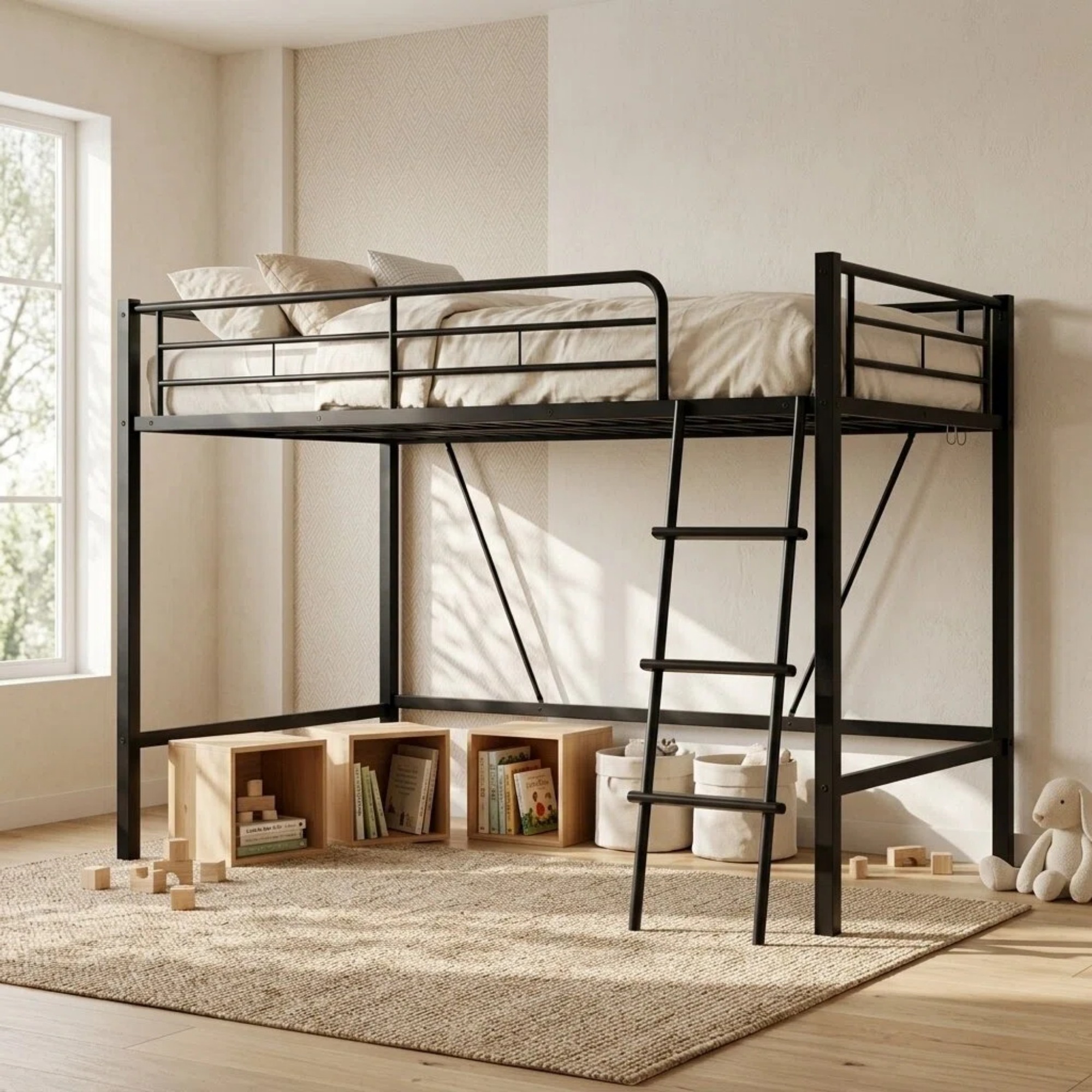 Noble House Metal Twin Loft Bed Frame,Heavy Duty Steel with Removable Ladder & Full Guardrail,Under-Bed Space No Box Spring,Black