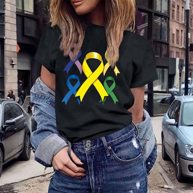 UANWENN T-Shirts Décontractés pour Femmes avec Imprimé Ruban de Sensibilisation au Cancer, Manches Courtes, Col Rond, Style de Base pour le Quotidien, T-Shirts Surdimensionnés pour Femmes, Haut Athlétique à Manches Courtes, Haut Femme Ample Femmes