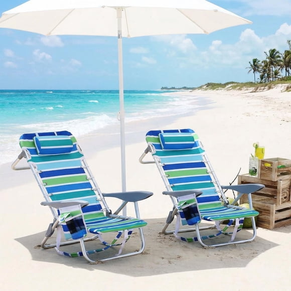 GOGRANT Backpack Beach Chair, 5 Position Reclining Portable Folding Chair with Head Pillow – Lightweight Aluminum Frame, 600D Oxford Fabric, Cup Holder & Storage Pocket for Beach, Camping, Travel