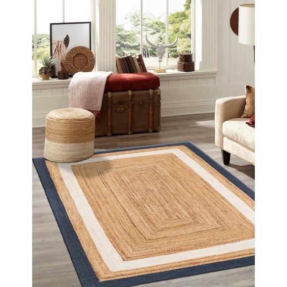 Aizza Trends 10x14 Ft Beige and Navy Blue & White Jute Area Rug, Boho Chic Natural Jute Area Rug - Hand-Braided, Rustic Farmhouse Decor for Living Room Carpet,