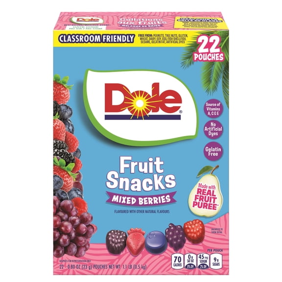 Dole Collations Aux Fruits - Baies Mèlangèes - Sans les 9 Principaux Allergènes, Sans Noix, Sans Colorants, Sans Gluten, Sans Gélatine, Idéal Pour La Classe, 22 Sachets