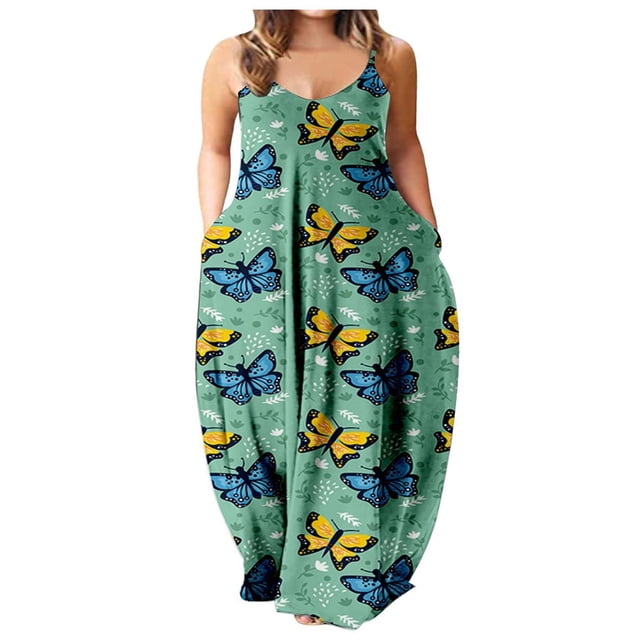 Robe Longue d'Été pour Femme à Col Rond, Imprimée, Sans Manches, Grande Taille, à Enfiler, à Bretelles Spaghetti, Longue Robe Maxi avec Poches