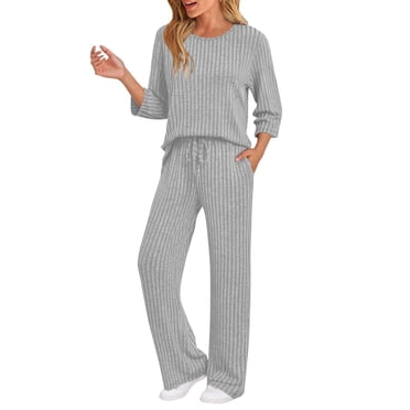 TACILIP 2 Piece Loungewear Sets for Women Fall Clothes Crewneck 3/4 Sleeve Tops and Drawstring Wide Leg Pants with Pockets Spring Travel Sets Pajamas Sets, Birthday Gifts