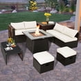 thumbnail image 2 of Patiojoy 9 Pieces Outdoor Patio Furniture Set with 35-Inch Propane Fire Pit Table Outdoor PE Wicker Space-Saving Sectional Sofa Set with Storage Box and Cushions Off White, 2 of 10