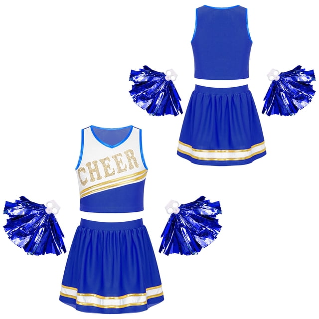 Xnihocha Costume de Cheerleading pour Filles Uniforme de Cheerleader Robe Tenue de Fête Ensemble Haut avec Jupe Plissée et Pompons Bleu 12