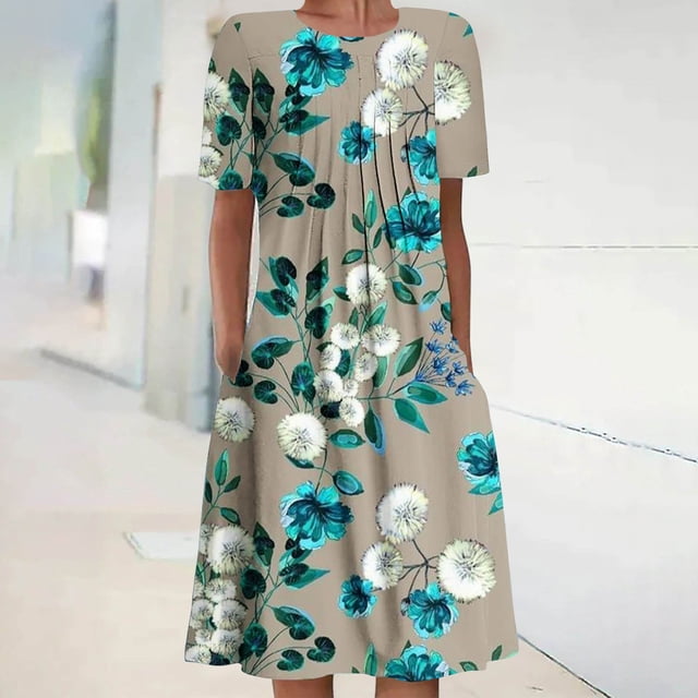 Pisexur Robe à Manches Courtes à Col Rond pour Femme Été Décontractée Col Rond Manches Courtes Plissée Imprimée Robes Femme Robe
