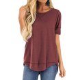 thumbnail image 4 of Women T-shirt Solid Color Stitching Top Asymmetrical Hem Blouse, Color Stitching Purple Red, L, 4 of 7