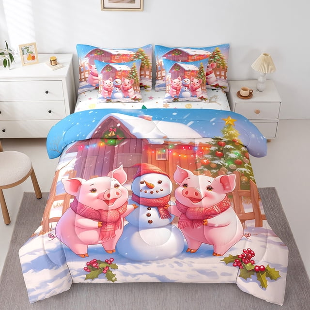 YST Pink Christmas Pig Bedding Set Cute Cartoon Snowman Bed In A Bag With Sheets For Kids Girls Red Rustic Barn Door Full Comforter Set 7 Piece Pine Tree Farm Animal Bed Set