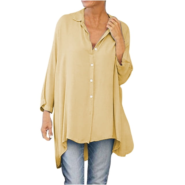 TIMIFIS Womens Oversized Shirts Button Down Long Sleeve Shirt V Neck Collar Loose Flowy Blouse-Yellow-XXLFall