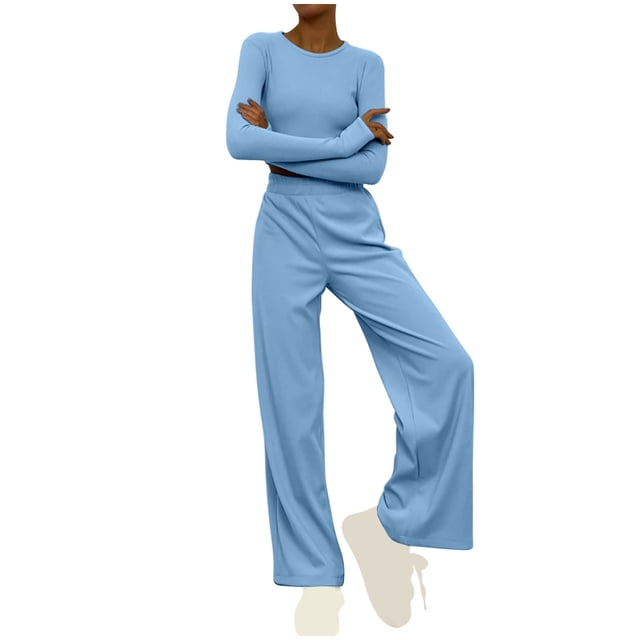 Timegard Lounge Outfits for Women Long Sleeve Round Neck Solid Color Cropped Tops Elastic Waist Wide Leg Pants Sets