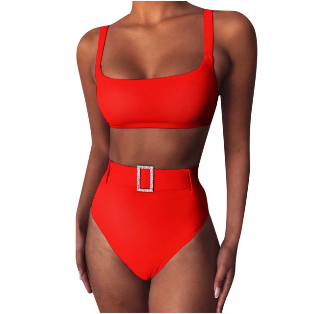 Babysbule Womens Swimsuits Clearance 2 Piece Set Women Solid Color High Waist Bikini Explosion Split Swimsuit