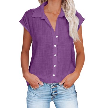 AherBiu Plus Size Shirts for Women Cotton Linen Button Down Lapel V Neck Cap Sleeve Summer Tops Blouse