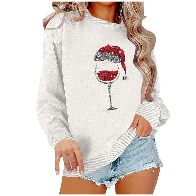 Amzcrzy Chandail de Noël pour Femmes Mode Manches Longues Col Rond T-Shirt Impression Verre de Vin Rouge Ample Grande Taille Chandail à Enfiler Hauts