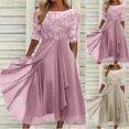 thumbnail image 1 of Xuniizn Robes pour Femmes Grande Taille Décontractées à Col Rond à Manches Mi-Longues Robe Midi Mode Fluide en Dentelle Chiffon Patchwork Robe d'Été, P-3TG, 1 of 3