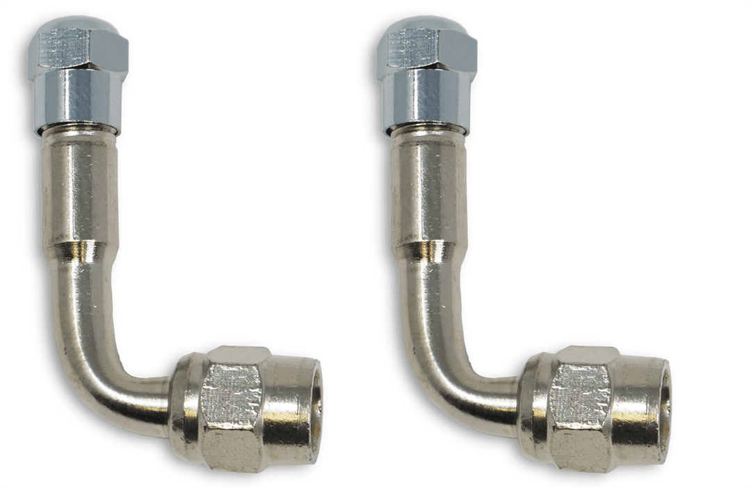 Minder Research Extension de Tige de Valve TM2304VP; pour Roues Arrière en Acier; 90 Degrés; Acier Inoxydable; Poli; Argent; avec Bouchon; Compatible TPMS; Ensemble de 2