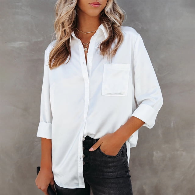 Jsaierl Womens Satin Silk Button Down Shirts Solid Color Lapel Collar Basic Blouses Long Sleeve Work Business Tops with Pockets