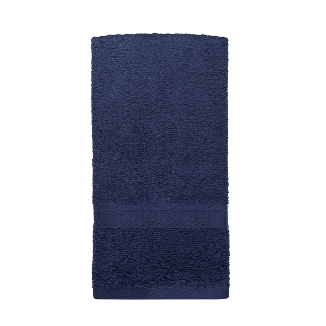 Mainstays Basics Serviette à Main Unie Bleu Foncé, Plate avec texture Coton et Bande Tissée Près du Bas, Mesurant 16 par 26 Pouces, Douce et Absorbante pour une Utilisation Quotidienne dans la Salle de Bain, Convient Aussi aux Serviettes de Cuisine Ou de gym.